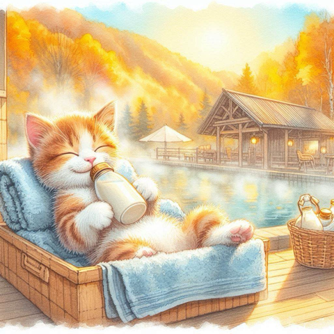 “Nothing beats milk after a bath.” 風呂上がりは牛乳やね  #imagecreator #AIart #cat #catart #illustration #kitten #ほのぼの #heartful #秋 #温泉 #風呂上がり #牛乳 #HotSpring #AfterBath #Milk  https://x.gd/tu9bL  秋、温泉から出たばかりの子猫が牛乳を飲んでリラックスしている。露天風呂と紅葉した山々が見える。