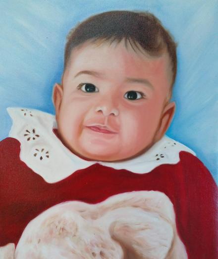 a painting of a baby, seen from its midsection up, laying on a light blue blanket , looking to the left of the viewer, wearing an old-fashioned jumper 