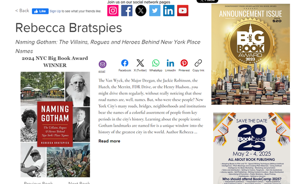 Cover of Naming Gotham: The Villains, Rogues, and Heroes Behind New York Place Names, with the announcement that Naming Gotham was named Best Regional Nonfiction by the 2024 NYC Big Book Awards. 