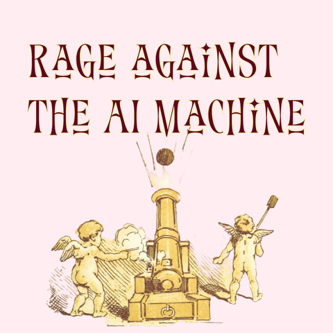 Brown text above two angels shooting a cannonballs:
Rage against the AI machine