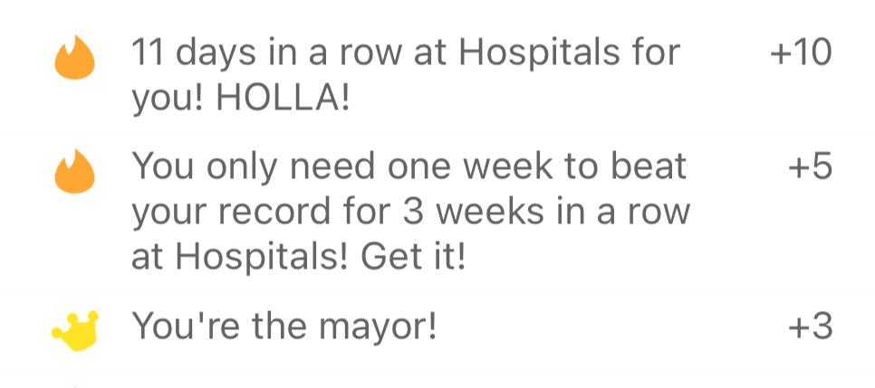 A screenshot with text reading:
11 days in a row at Hospitals for you! HOLLA!
You only need one week to beat your record for 3 weeks in a row at Hospitals! Get it!
You're the mayor!