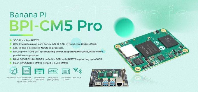 Good news!! BPI-CM5 PRO will available in the next 1-2weeks.🥳🥳🥳 
https://docs.banana-pi.org/en/BPI-CM5_Pro/BananaPi_BPI-CM5_Pro
#bananapi #rk3576 #bpi #rockchip #linux #android