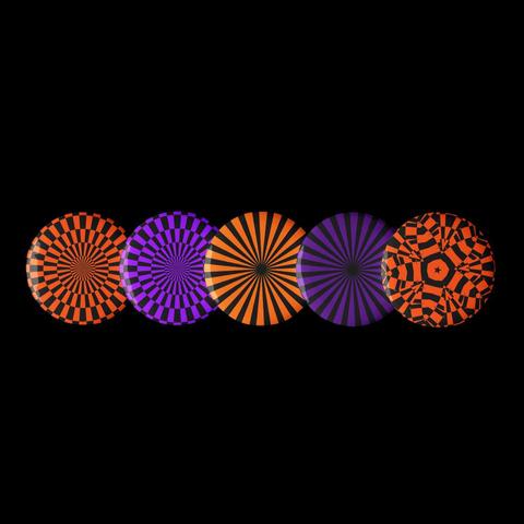 Set of 5 Halloween pin buttons.
1. Orange and black spiral illusion.
2. Purple and black spiral illusion.
3. Orange and black psychedelic circus spiral stripes.
4. Purple and black psychedelic circus spiral stripes.
5. Orange and black kaleidoscope star illusion.