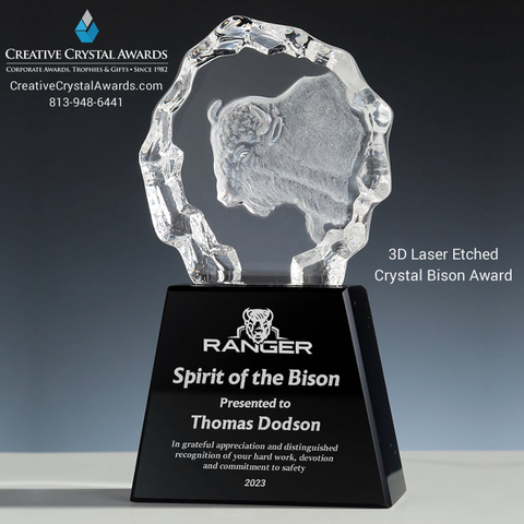 3d crystal bison award, bison crystal award, 3d laser crystal bison trophy, bison crystal trophy, 3d laser etched crystal bison sculpture award, 3d bison sculpture crystal award, crystal bison mascot award, crystal bison iceberg award, crystal animal trophy, crystal awards supplier – Creative Crystal Awards USA