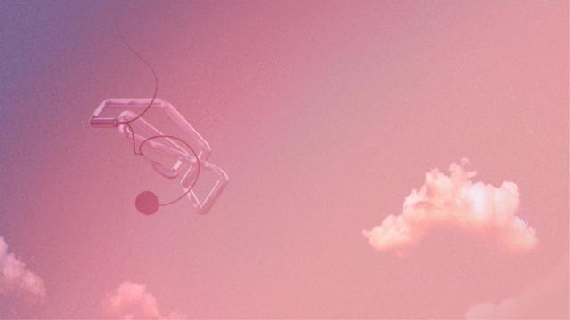A soft pink sky with a fine film grain and a weird glass tube sculpture floating over it. The "sculpture" happens to be the neon sign making up the LYV logo, but turned off, and seen from an odd angle!