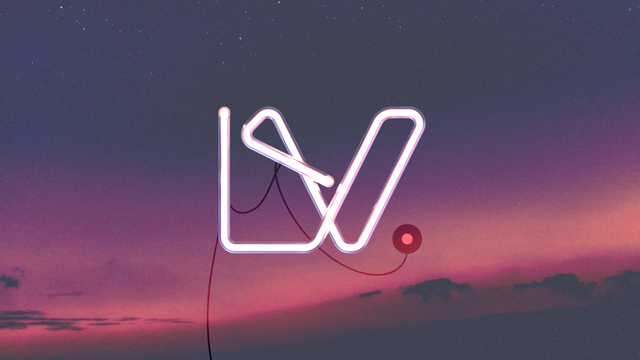 A soft dusk sky with film grain. A glowing neon sign spelling out "LYV" floats in front.