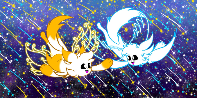 A very happy birthday gift to @nebula! Tari and Nebula flying together through the stars on a very beautiful starry night sky as sun had passed and the stars lit it's their time to shine. Happy birthday!!!  

Tari belongs to @Tari  
Nebula belongs to @nebula