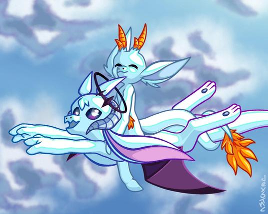 A commission art made by dexstnc! Maori dragon form and little Ryusei flying together in the skies!

Maori (dragon form) belongs to dexstnc
Ryusei the Soaring Dragon belongs to me