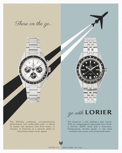 A retro, two-toned marketing poster showing an outline of an airplane and two models of Lorier watches, Olympia and Hyperion. The catch phrase is “Those on the go, go with Lorier”.