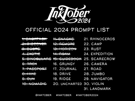 Inktober 2024 prompt list with days 1-15 crossed off.