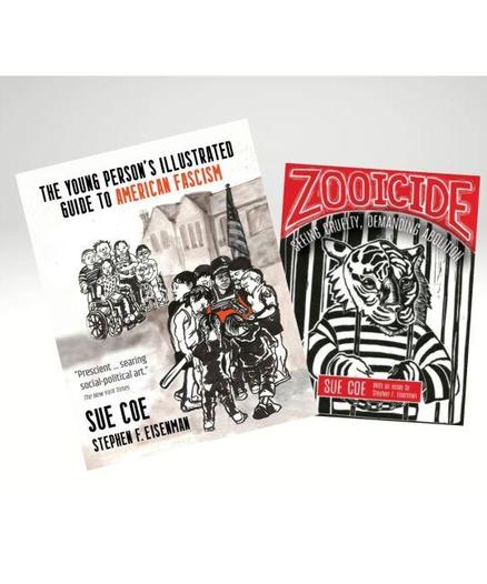 Graphic Novel Book covers:

a-young-person-s-illustrated-guide-to-american-fascism

zooicide

By Sue Coe 
Published distributed by AK Press. 