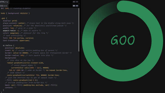 Faded progress ring with text content and rounded start. Screenshot from the linked CodePen demo, also showing the heavily commented code on the side.