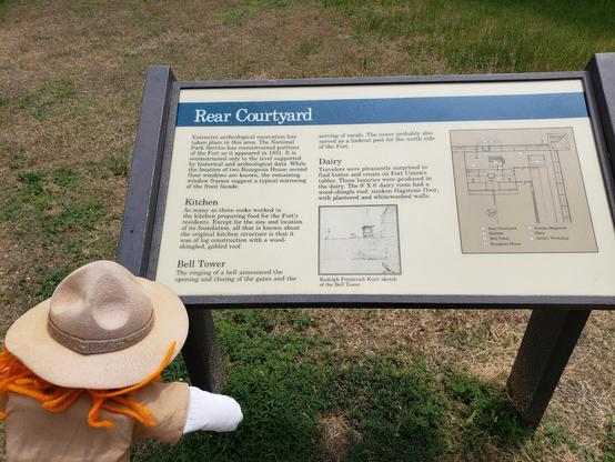 Ranger Sarah learns about the Rear Court Yard at Fort Union Trading Post. The area includes the kitchen, Bell Tower and Dairy.