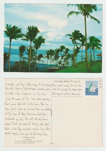 A postcard, front and back.

The front shows windswept palm trees on a hill above the water in the city of Tagaytay in the Philippines. Over the water can be seen another coast curved with mountains.

The back reads: Scientists used their DNA magic to turn trees into cats, figuring that everyone deserved pets to cuddle with, allergies or no. The trees looked the same, but their bark and, especially, their leaves felt soft to the touch like fur. They purred when you touched them or scratched at the base of their branches. And they scratched you, too, for, well, for any damn reason. That was part of being a cat, right? That's what the scientists argued. Even after several people lost eyes to the trees, the scientists refused to admit they were wrong. It was too late to change the trees again. It's against nature, they said.