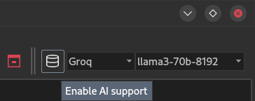A screenshot of a portion of the QOwnNotes user interface showing a database icon that, when moused over, shows a tooltip that reads, "Enable AI support".  Above the tooltip are dropdowns to let you select the language model you want to use.