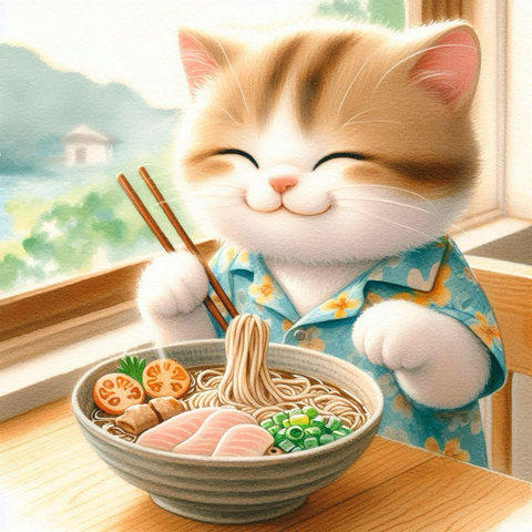 アロハシャツを着た子猫が、沖縄そばを美味しそうに食べている。エメラルドグリーンの海が背景に広がる。