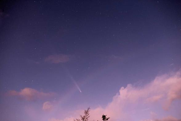 Comet C/2023 A3 (Tsuchinshan-ATLAS)
Dusky blue sky with some clouds along bottow 1/3 of image. Tips of a couple fir trees can be seen at bottom edge of image. The comet nucleus is visible just below-left of image center. A dusty tail emmanats from the comet going towards upper left of image. There is also a faint moonbow from bottom left of image arcing towards mid right of image, intersecting the comets tail.