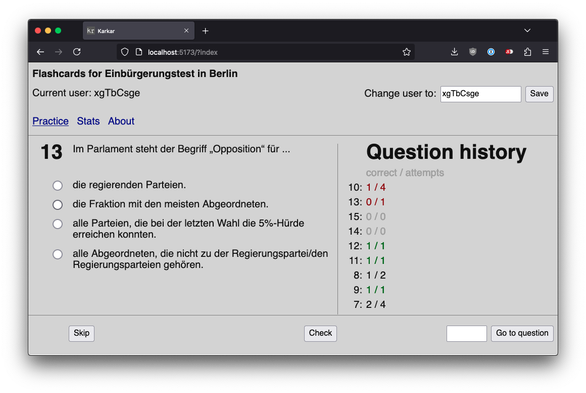 Screenshot of a website running on localhost. All black dull font on grey background with blue links. Very boring. The header on the site says "Flashcards for Einbürgerungstest in Berlin"