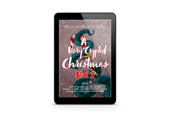 Cover of A Very Cryptid Christmas Vol 2 featuring an illustration of a gray hand with yellow nails holding a candy cane while being enveloped in a green tentacle displayed on an iPad on a white background. 
