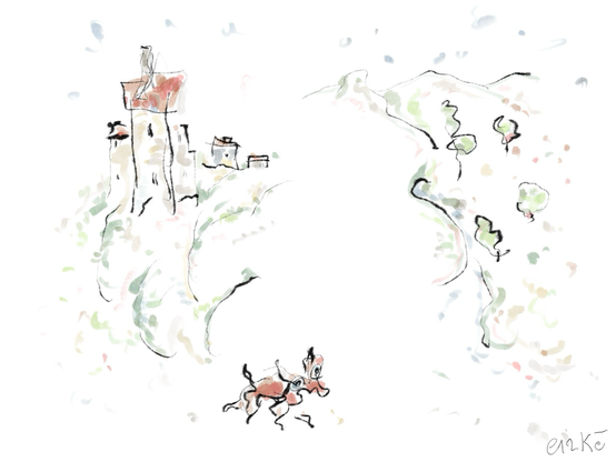village and dog drawing 
