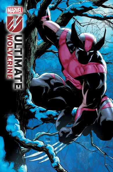 Portada de Ultimate Lobezno (Wolverine) en la que se le ve subido a las ramas de un árbol. Con la mano derecha se sujeta a una rama superior y la mano izquierda la tiene con el puño cerrado y las garras fuera. 
El traje tiene una forma más o menos tradicional pero lo que normalmente sería amarillo es rosa. La combinación negro teosa queda muy chula.