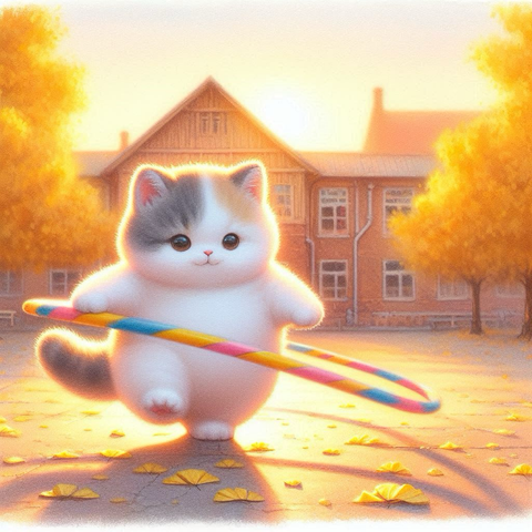 秋の日差しの中で、小さな子猫が校庭で大きなフラフープを回して遊んでいる。背景には、黄色く色づいた銀杏の木が広がっている。