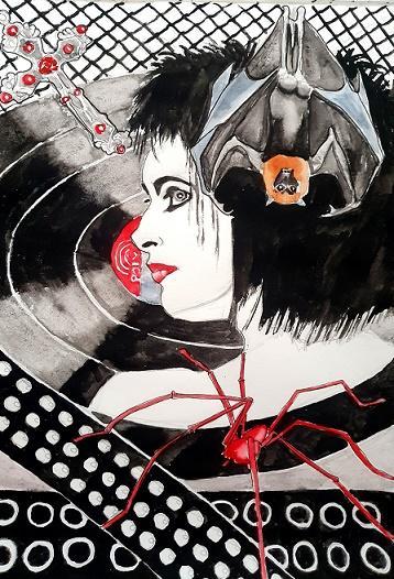 ID Siouxsie Sioux in profile, with Vinyl LP in background. On the top right of the image is a bat hanging upside down and the left top is a silver cross with red stones. Behind that is a fishnet pattern. On the bottom of teh drawing are two goth belts, one is studded and one is with metal ring holes in it. On the bottom right of the image is a large, red, spiky spider