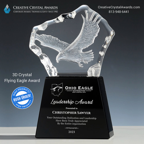 3d crystal eagle award, 3d laser etched crystal soaring eagle award, 3d soaring eagle crystal award, crystal eagle trophy, flying eagle crystal trophy, crystal eagle mascot award, 3d crystal eagle iceberg award, crystal eagle sculpture award, crystal bird award, crystal awards supplier USA – Creative Crystal Awards USA