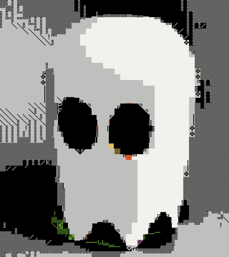 A pac-man style ghost rendered from text characters in a limited colour palette.