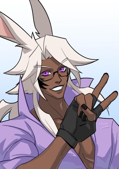 digital artwork of a male Viera from Final Fantasy XIV. He has dark skin and blond hair, is wearing glasses and smiling at the viewer while showing a piece sign with his hand