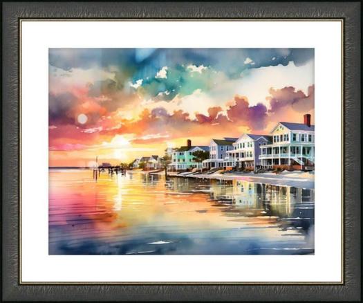 Beautiful colors of the sunrise are reflected over the water and homes along the beach.  ISLAND TIME SUNRISE can be ordered in your choice of sizes and media here:
https://pabodie.com/2124969/Island%20Time%20Sunrise.html