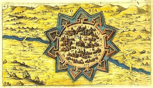 Dibujo antiguo de Nicosia, con una muralla circular con baluartes triangulares a su alrededor.