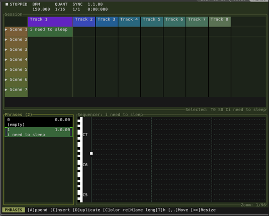 screenshot of music making program with user interface based on textual graphics. now with status bar and the sequencer panel sports empty grid lines and a cursor