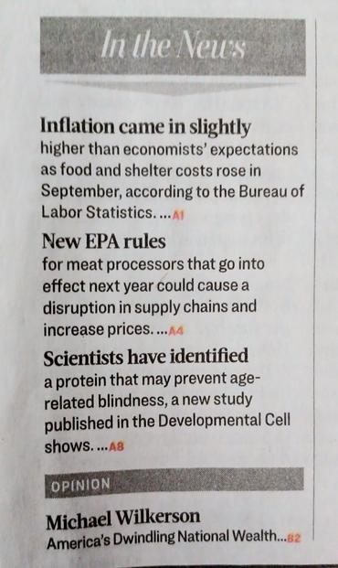The front page "In The News" summary insert, highlighted several articles on Inflation, New EPA Rules, a scientific article on prevention of 'age-related blidness', and the OpEd, by Michael Wilkerson (?)