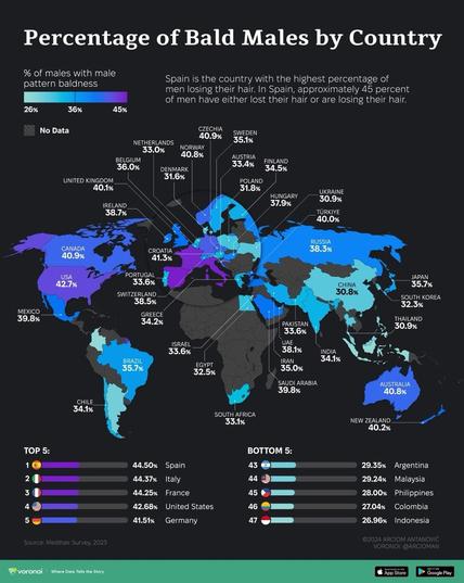 Percentage of bald males by country. Top 5 are Spain Italy France USA and Germany