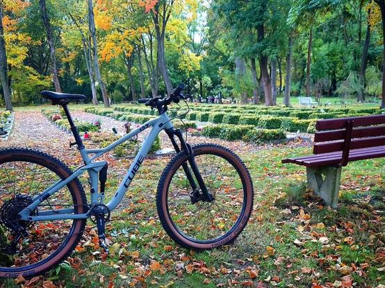 Ein Mountainbike steht im Vordergrund, rechts daneben sieht man den Teil einer Parkbank.
Im Hintergrund sind Gräber auf einem Friedhof. Im grünen Gras liegt buntes Laub. 