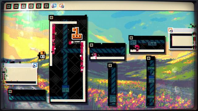 A level with unmovable windows and hazards. The floppy disc character just jumped. Colorful sky, green hills, beautiful flowers and a river are in the background, like a wallpaper.