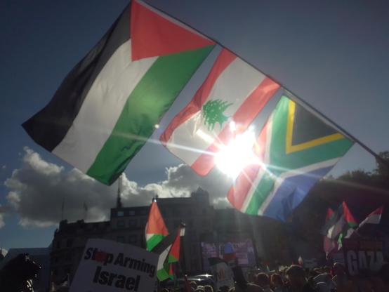 Palestinian, Lebanese and South African flags held on same pole
Sun shines behind them