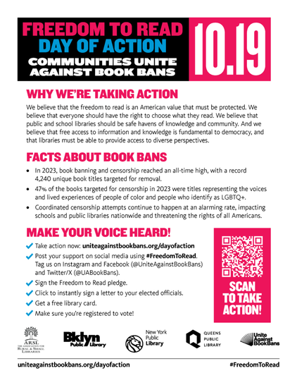 Text: Freedom to Read Day of Action 10/19 with a long list of actions to take.  (See the link for information.)