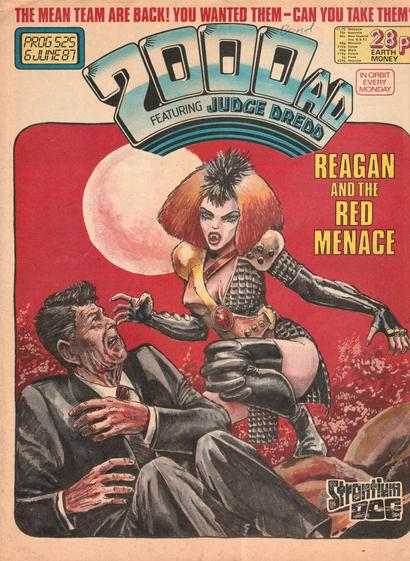 The front cover of 2000AD Prog 525 for 6 June 1987, featuring cover art by Carlos Ezquerra showing the vampiric Durham Red bearing down on a terrified Ronald Reagan in an episode from Strontium Dog.