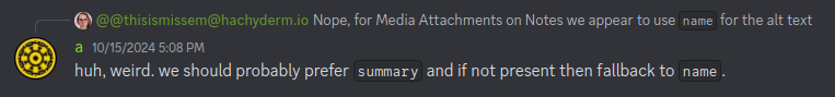 Example of a "reply&quot; in Discord. The replied-to message is rendered as a small preview above the current message. Replying is optional.