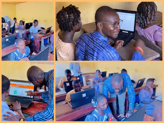 Collage aus 4 Fotos, die alle einen Klassenraum in Guinea zeigen. Auf Holzpulten stehen aufgeklappte Laptops. Davor sitzen Jungen und Mädchen und arbeiten mit den Laptopspenden. 2 Lehrer gehen von Tisch zu Tischen und helfen den Schülern bei der Einarbeitung.