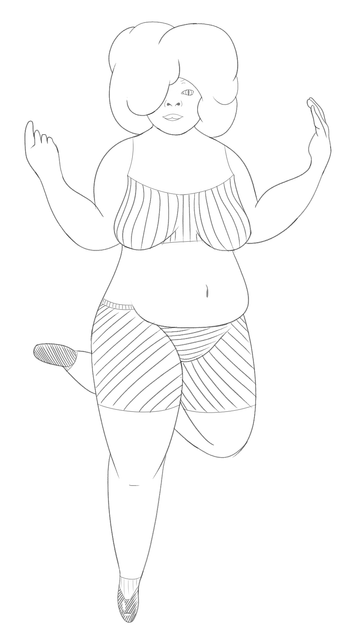 Outline of a heavy set woman. Rough draft. Woman has poofy hair, broad nose, large lips, small feet. She is dancing about. Piece has rough clothes over top for sake of not being wrongly tagged as adult