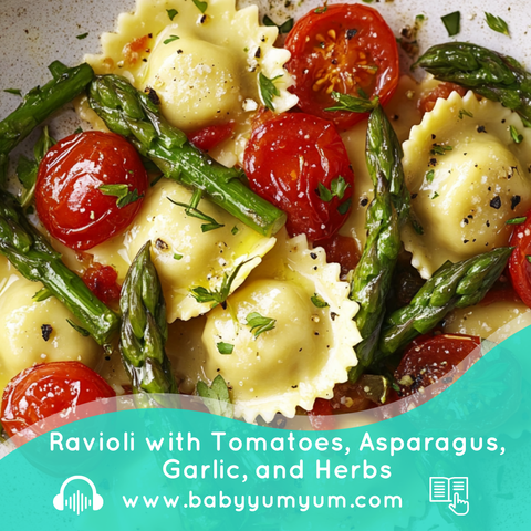 🍝 Craving something fresh & flavourful? Try our Ravioli with Tomatoes, Asparagus, Garlic & Herbs 🌿🍅 Quick, easy & delicious! 👉 Full recipe: https://zurl.co/mZhY  #BabyYumYum #BYY #RavioliRecipe #FreshAndTasty #QuickDinnerIdeas