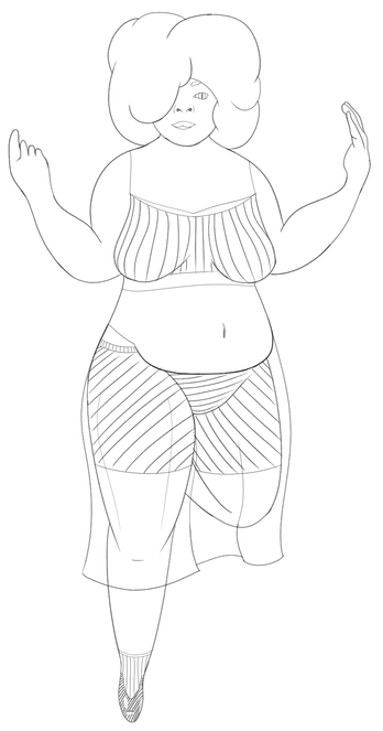 Line art of a heavier woman with poofy hair dancing about. She has a spaghetti strap crop top on, and a medium length dress-skirt with shorts on underneath. Her one visible foot has a black shoe and sock on. Her foot is small. She has a wide nose and her visible eye is a cat eye