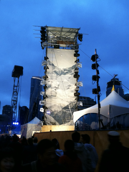 The zip line tower at the 2010 Vancouver BC Winter Olympics, lot like a Christmas tree on a late winter morning at dawn.