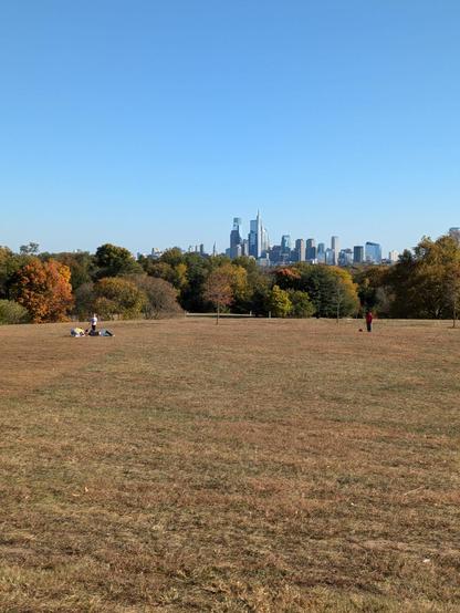 Photo: A broad expanse of grassy field with a row of multihued trees behind it and the skyline of downtown Philadelphia behind that. There is a group of people having a picnic on the lawn and a lone person in a red shirt and blue pants standing with a soccer ball by his feet away from the group. The sky is bright blue.