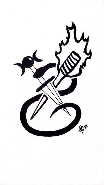 Black and white tribal like symbol of Hekate which depicts an image of a torch and knife with a triple moon handle and winding black snake.