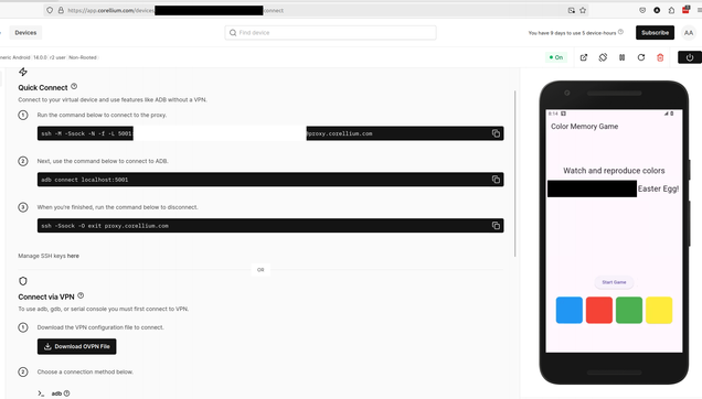 The image shows an Android device remotely accessible via Corellium Solo. The image shows the advice of Corellium to perform Quick Connect, and the Android device shows we managed to see an Easter Egg hidden in an app.