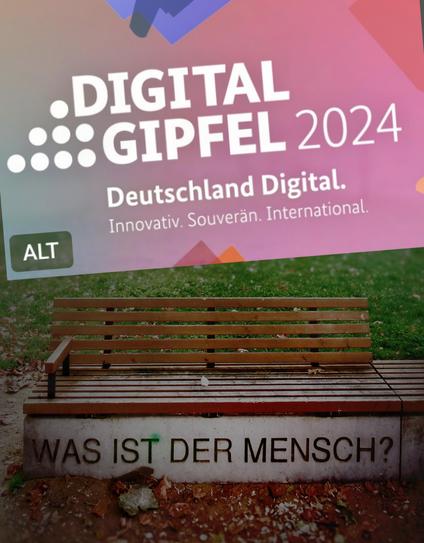 Abbildung zeigt Fotomontage aus Werbeplakat des BMI und einer Parkbank, auf der die Frage steht: "Was ist der Mensch".